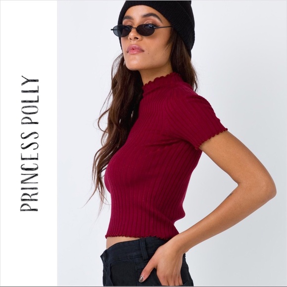 Princess Polly Wine Red Ribbed Cropped Turtleneck Top - Picture 5 of 7